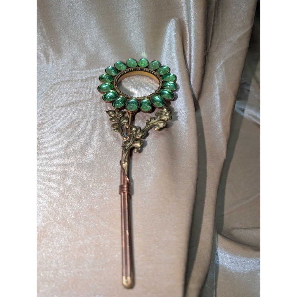 Vintage Art Nouveau Style Green Glass Cabochon Sunflower Magnifying Glass Brass